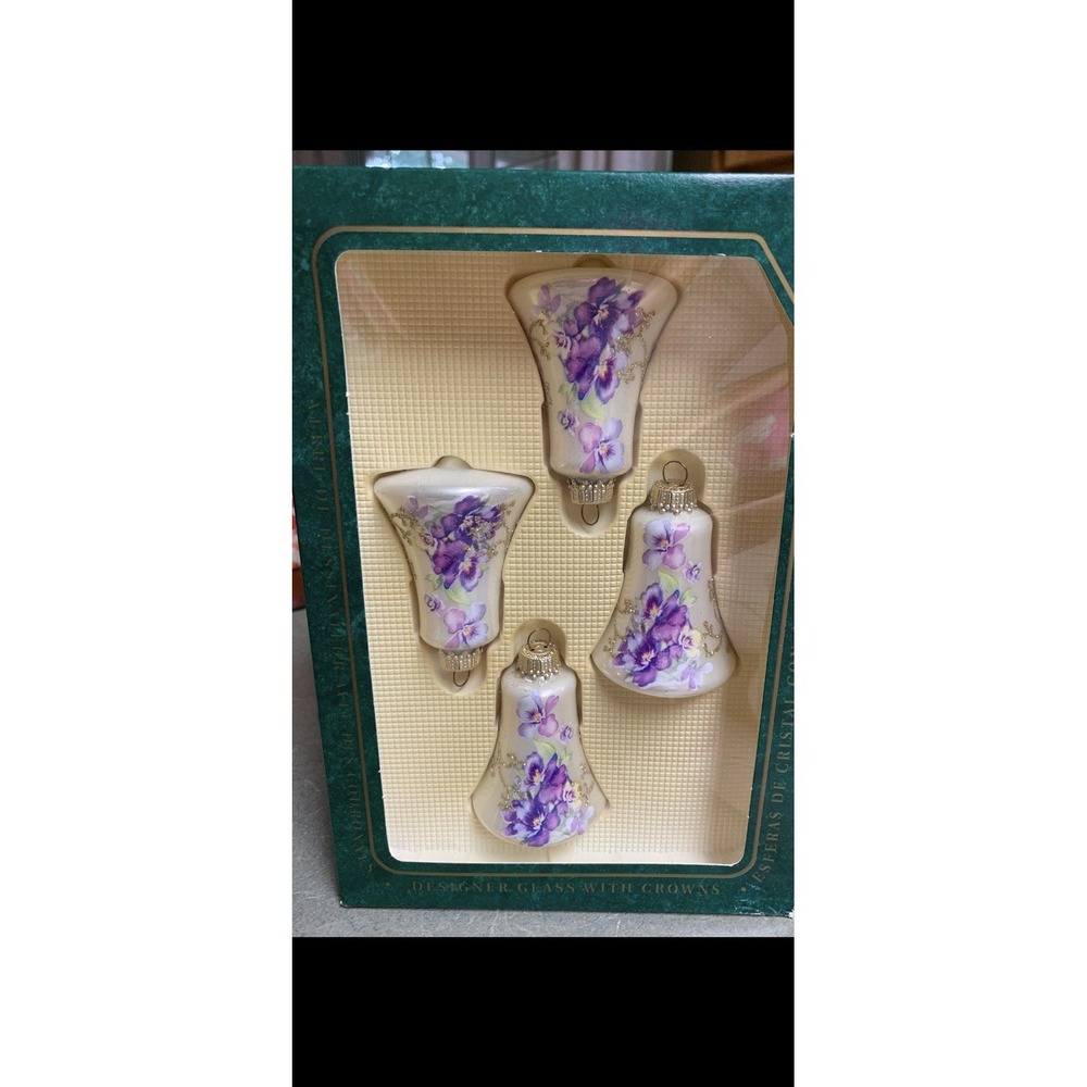 Set Of 4 Vintage Krebs Bell Shaped Floral Glass Ornaments